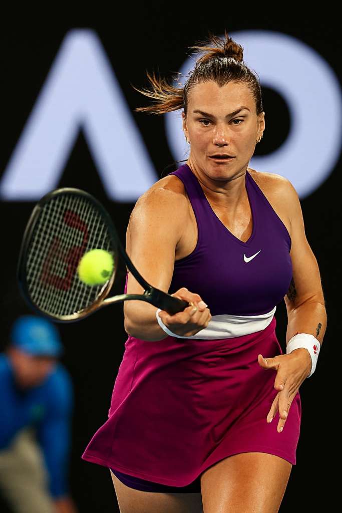 Aryna Sabalenka hits a powerful forehand in Australian Open 2026 semifinal win over Elina Svitolina.”